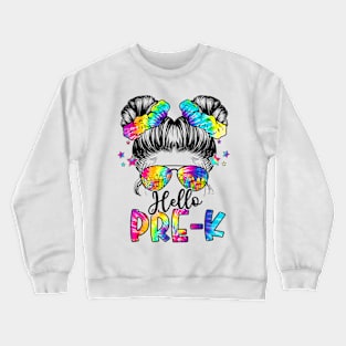 Hello Pre-K Back To School Messy Hair Bun Girl Tie Dye Crewneck Sweatshirt